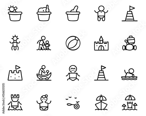 Simple thin line art symbol depicting a child joyfully constructing a sandcastle on a beach during a sunny day at the seaside