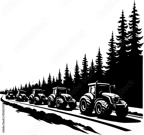 Tractor Convoy Silhouette with Forest Background vector 