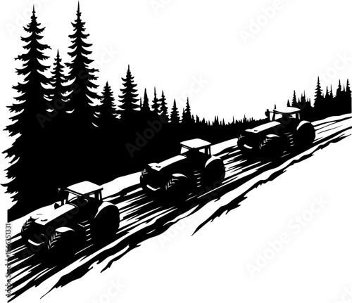 Tractor Convoy Silhouette with Forest Background vector 