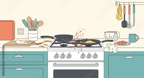 A messy cooking accident happens in a kitchen with food splattering everywhere on the stove
