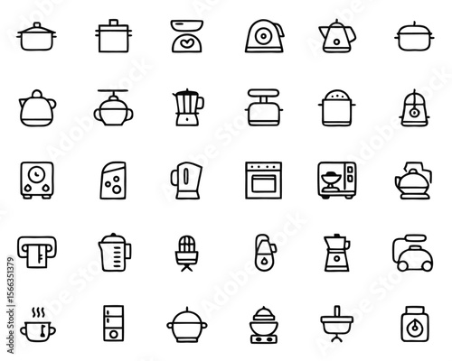 Comprehensive collection of kitchen appliance symbols and cooking equipment graphics featuring essential culinary tools for home and professional use rendered in a clean modern style