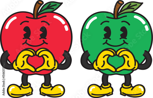 Cute Apple Characters Making Heart Gesture with Hands Love Expression