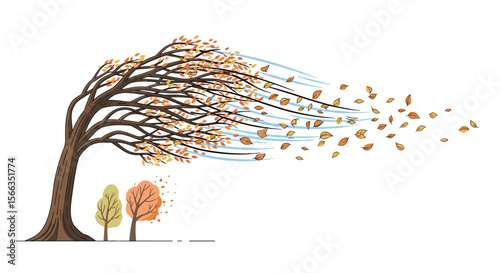 Autumn tree battling a strong gust of wind with falling leaves and smaller trees