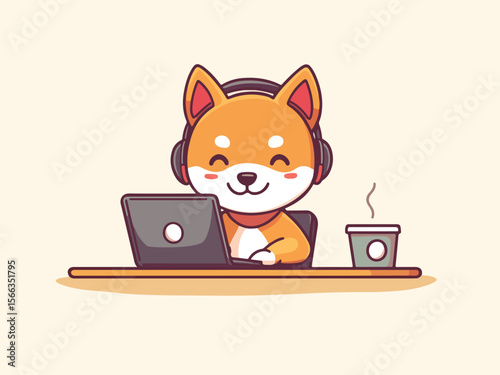 Cute Shiba Inu Working on Laptop with Coffee and Headphones Illustration