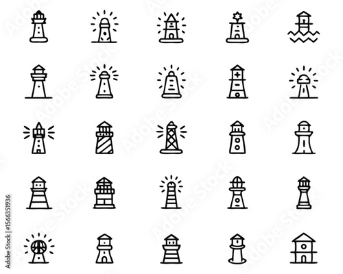 Nautical landmark beacon design for coastal navigation and maritime safety featuring a classic lighthouse structure with a bright illuminating light