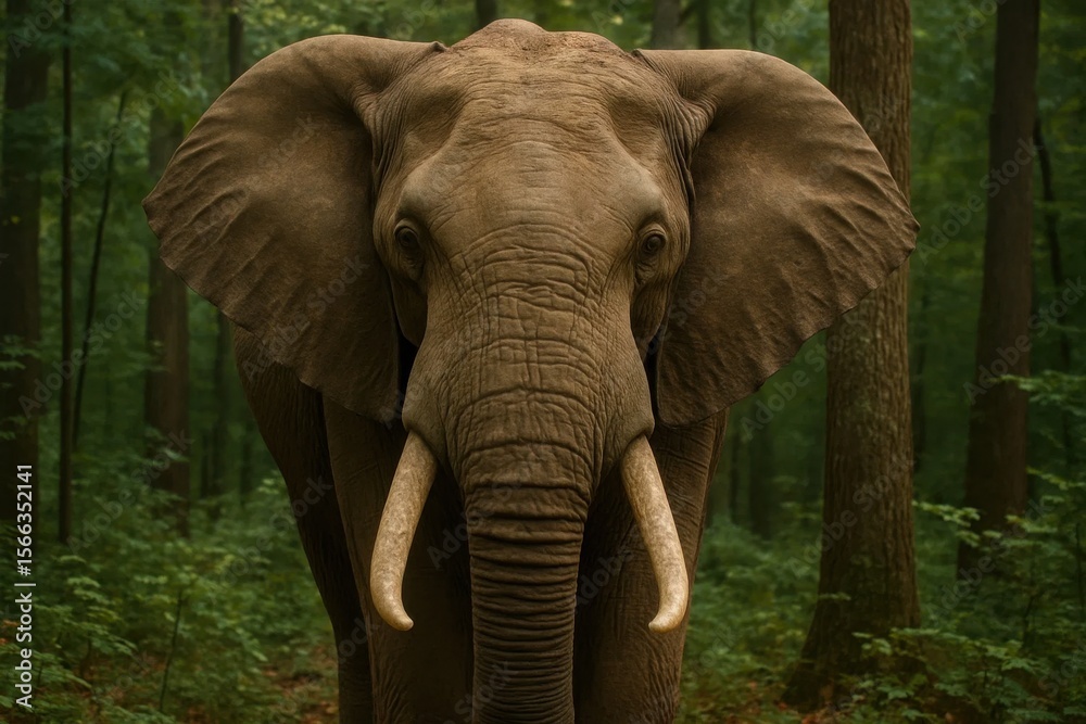 Fototapeta premium A majestic elephant stands amidst a verdant forest, its gentle eyes reflecting the tranquility of nature