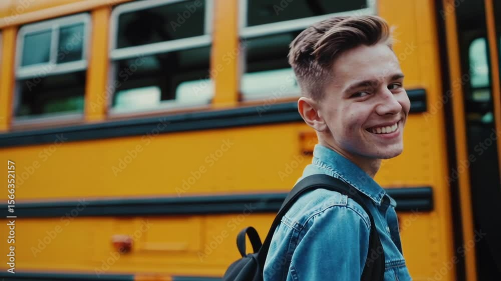 Young male student in denim shirt and backpack standing near bright yellow school bus, radiating excitement and confidence for upcoming academic semester
