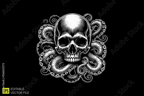 skull with tentacle dark art scary creepy style tattoo illustration vector black and white background templates