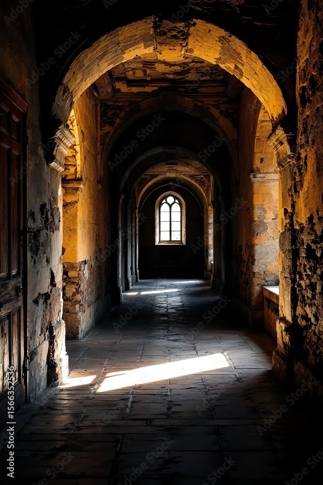 Fototapeta premium Ancient stone corridor arched hallway interior