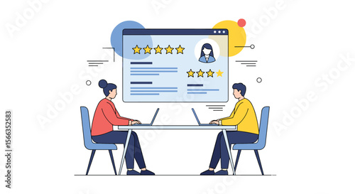 Two professionals collaborating on a digital platform reviewing candidate profiles on a large screen