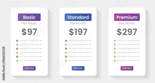Pricing plans table, pricing chart, price list for web or app. Ui UX pricing design tables with tariffs. Product comparison business web plans. Subscription features checklist and business plans.