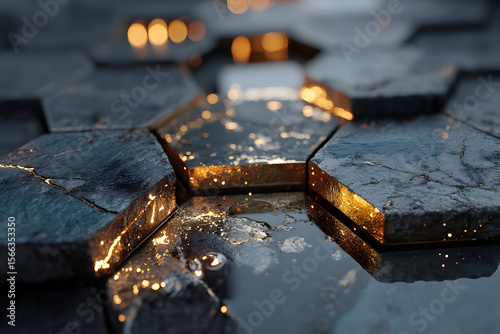 Close-up of dark hexagonal stone tiles with glowing cracks filled with molten lava, creating a dramatic, futuristic, and powerful visual effect.
