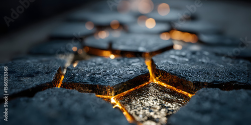 Close-up of dark hexagonal stone tiles with glowing cracks filled with molten lava, creating a dramatic, futuristic, and powerful visual effect.
