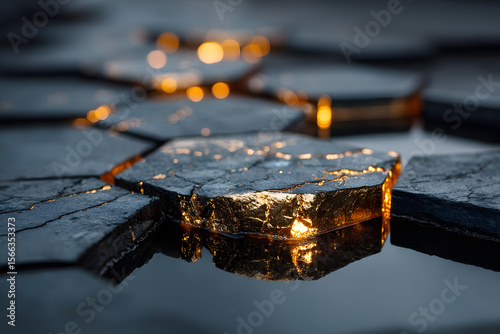 Close-up of dark hexagonal stone tiles with glowing cracks filled with molten lava, creating a dramatic, futuristic, and powerful visual effect.
