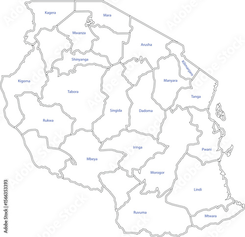 Detailed Outline Map of Tanzania with Regions and Labels 