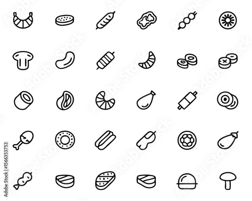 Comprehensive collection of stylized food symbols featuring various meat products including cured meats and butcher shop essentials presented as a cohesive graphic element