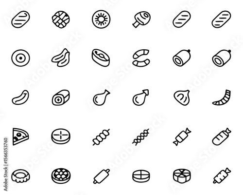 Collection of stylized food symbols representing various meat products including cured meats and deli items presented in a clean graphic format for culinary or grocery applications