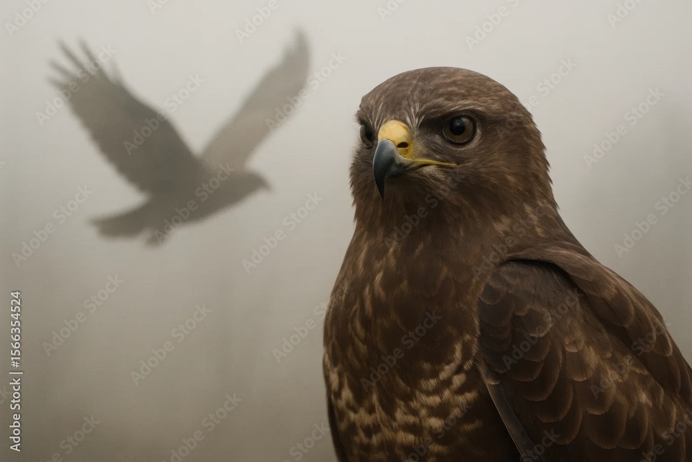 A majestic hawk stands still amidst a whispering fog, its gaze fixed on the distant flight of another bird A majestic hawk stands still amidst a whispering fog, its gaze fixed on the distant flight of another bird