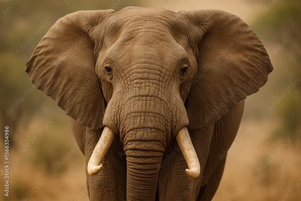 Fototapeta premium A majestic elephant stands in quiet contemplation amidst a serene savanna landscape