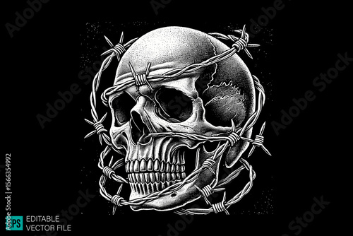 Skull head with fence dark art scary creepy style tattoo illustration vector black and white background templates