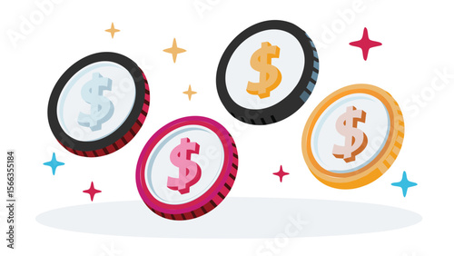 Floating colorful dollar coins with sparkles on a white background create a playful design element