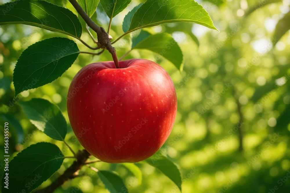 Obraz premium A Lone Red Apple Hanging from a Branch in a Blurred Green Orchard