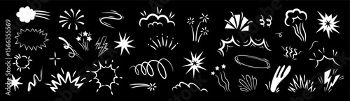 Hand-drawn doodle elements set including comic-style sparkles, bursts, explosions, swirls, and abstract shapes. Perfect for pop art design, visual effects, or decorative accents in creative projects.