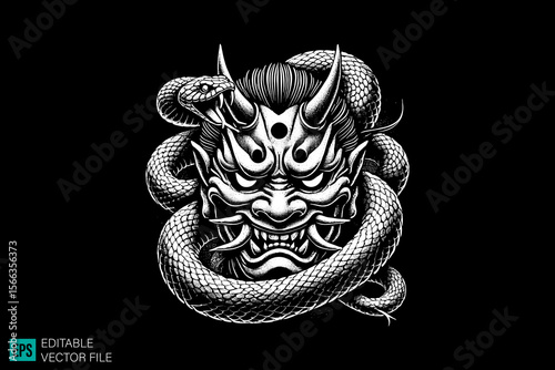 oni mask head dark art scary creepy style tattoo illustration vector black and white background templates