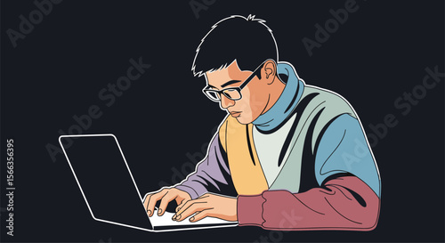 Young man wearing glasses intensely focused on typing on a laptop computer in a dimly lit room