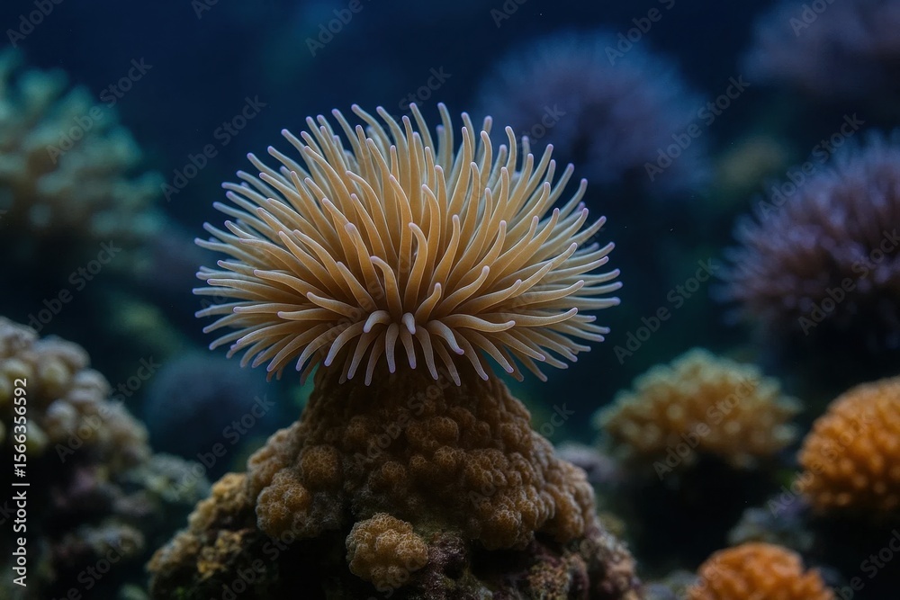 Obraz premium A lone sea anemone stands out against the vibrant coral reef, its tentacles reaching out in a delicate dance of life