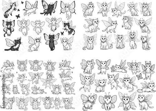 Fairy Cat Line Art Collection. Big set of magical winged kittens with crowns and butterfly wings for coloring books and fantasy designs.
