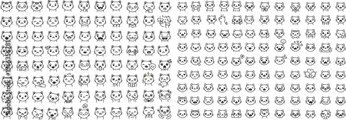 Cat Face Icon Set. Big collection of cartoon feline emoticons and emojis with various emotions. Line art for chat apps, stickers, and UI design.