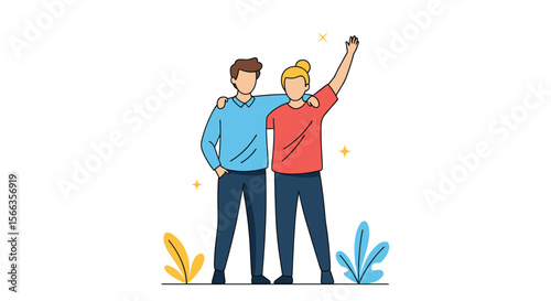 Two friends stand together arms around each other celebrating success and friendship with happy smiles and raised arms in a joyful moment of connection and support