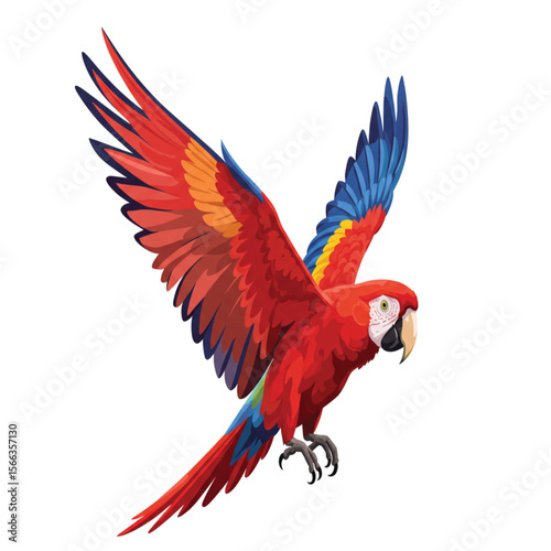 Vibrant Flying Parrot Illustration – Colorful Scarlet Macaw Bird Artwork with Open Wings, Exotic Tropical Wildlife Animal for Print, Design, Nature Projects