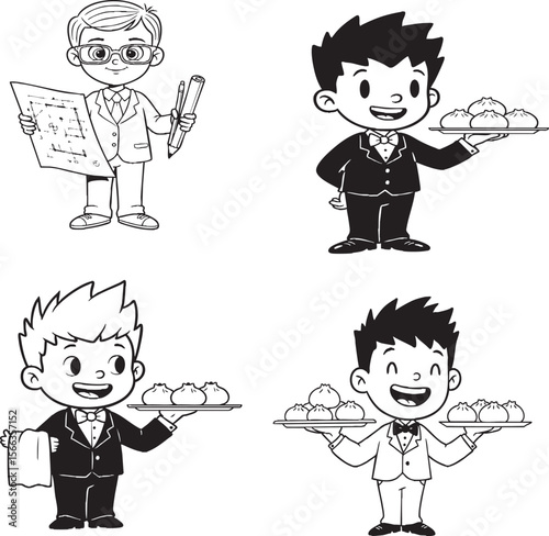 Cartoon Boys as Waiters and Architect Line Art – Kids Career Coloring Page, Serving Food and Holding Plans, Educational Job Character Set for Learning Fun