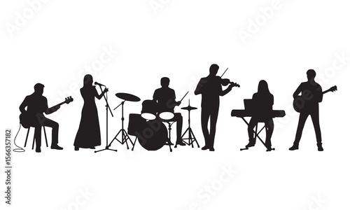 Band playing musical instruments silhouette isolated on white background