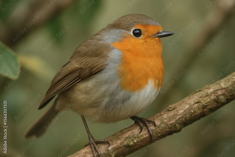 Obraz premium A vibrant robin perches on a branch, its orange breast contrasting with the surrounding greenery
