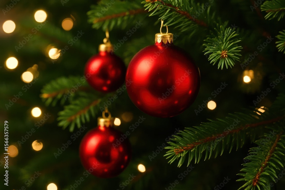 Fototapeta premium A serene Christmas tree adorned with glowing golden lights and three vibrant red baubles, symbolizing warmth and joy during the holiday season