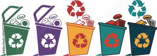 Five colorful recycling bins with recycling symbols and waste inside trash cans garbage