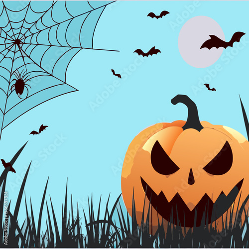 Spooky Halloween vector illustration featuring pumpkins, bats, and a scary moonlit autumn night design