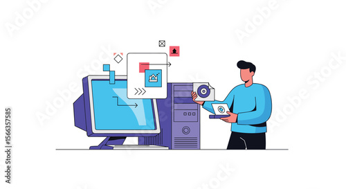 Illustrating the process of connecting and integrating various digital devices for enhanced workflow and data management