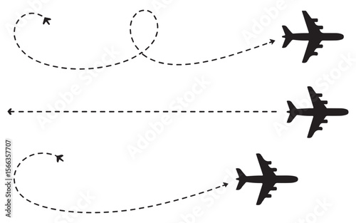 Three airplane silhouettes with dashed flight paths isolated on white background silhouette