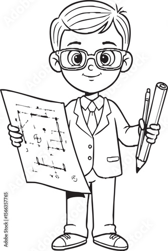 Cartoon Boys as Waiters and Architect Line Art – Kids Career Coloring Page, Serving Food and Holding Plans, Educational Job Character Set for Learning Fun