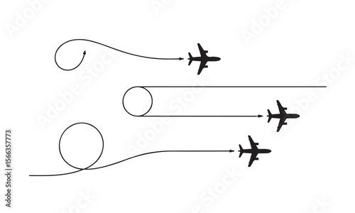 Three airplanes flying on different paths with curves and loops silhouette isolated on white background