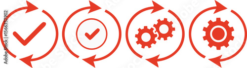 Four red circular arrow icons with checkmarks and gears on white background process