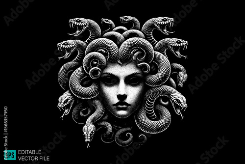 medusa head tattoo design dark art scary creepy style tattoo illustration vector black and white background templates