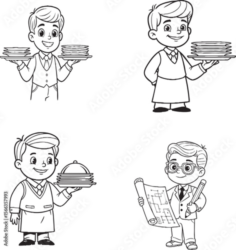 Cartoon Boys in Uniform Line Art – Waiter and Architect Character Set for Coloring, Kids Occupation Theme, Career Education, Fun Learning Job Illustration