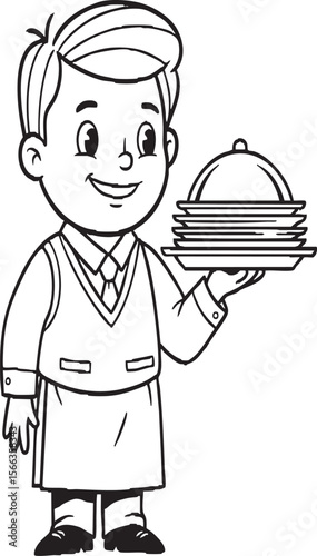 Cartoon Boys in Uniform Line Art – Waiter and Architect Character Set for Coloring, Kids Occupation Theme, Career Education, Fun Learning Job Illustration