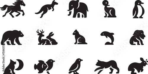 Cartoon Animal Icon Set – Black Silhouette Vector Collection for Kids, Nursery, and Graphic Design