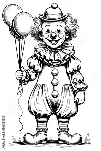AI Generative. Smiling Clown Holding Balloons - Black and White Outline Illustration. 5